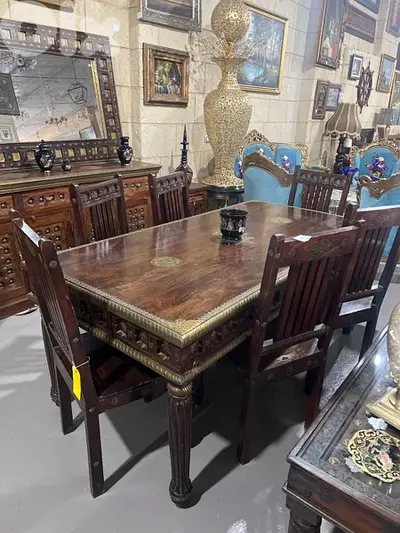 solid wood teak dining table with 6 chairs mirroe and dersoir