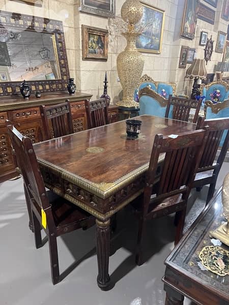 solid wood teak dining table with 6 chairs mirroe and dersoir 0