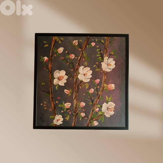 Floral Canvas Painting – ‘Blossoming Serenity', 65 x 65 cm 0
