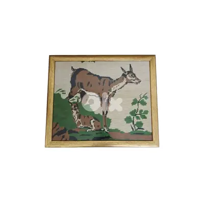 Couple Deer Textile Portrait, Light Brown Border 33.5 x 39.5