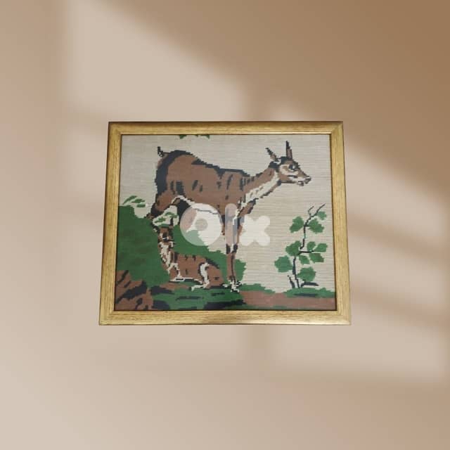 Couple Deer Textile Portrait, Light Brown Border 33.5 x 39.5 2