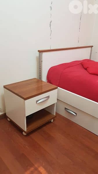 Bed with Mattress + Bedside Table + Shelving unit 0