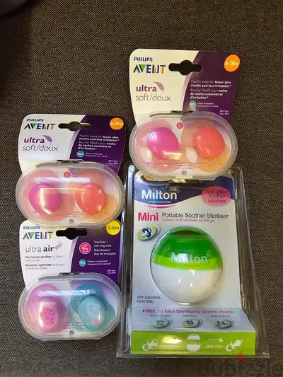 Avent pacifier 0-6 & 6-18m + Milton Portable Soother Sterilizer