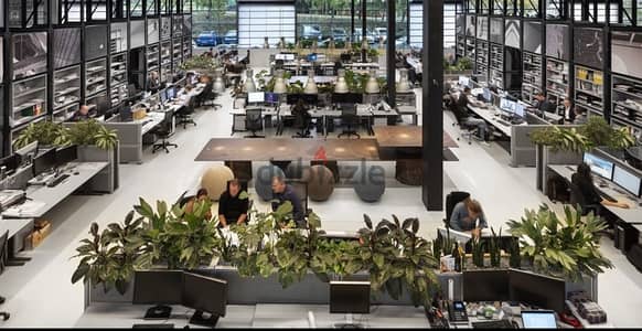 Large corporate office open space with garden