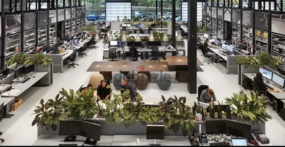Large corporate office open space with garden