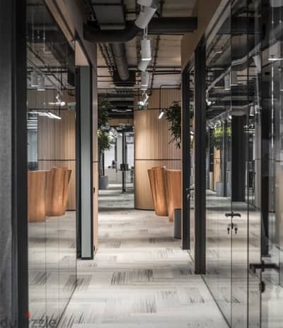 Large corporate office open space with garden