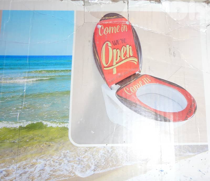 Decorative toilet seat cover "come in we re open" by home creation 4