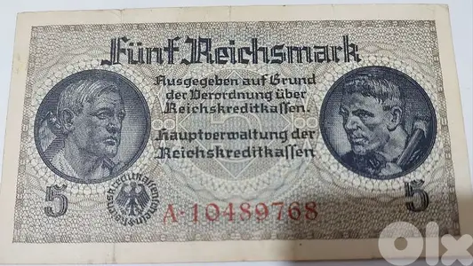 Nazi German Banknote Five Reich Mark WW II Hitler Era with Sawastica