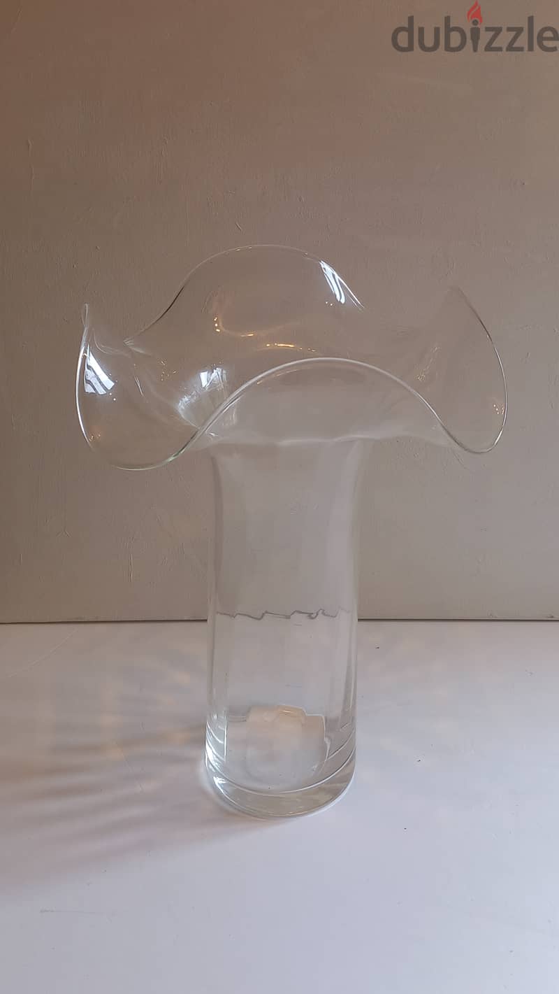 Vtg IVV Italy Hand Blown Ruffled Top Art Clear Glass Vase 0