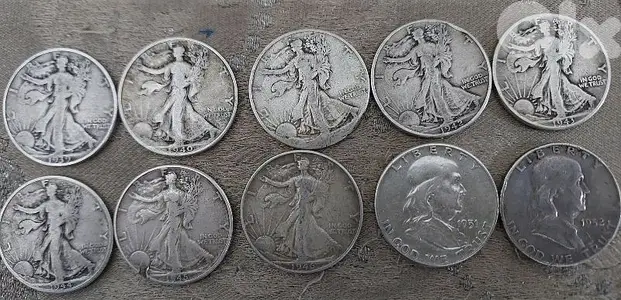 set of ten Silver USA Half Dollars walking Liberty& Franklin