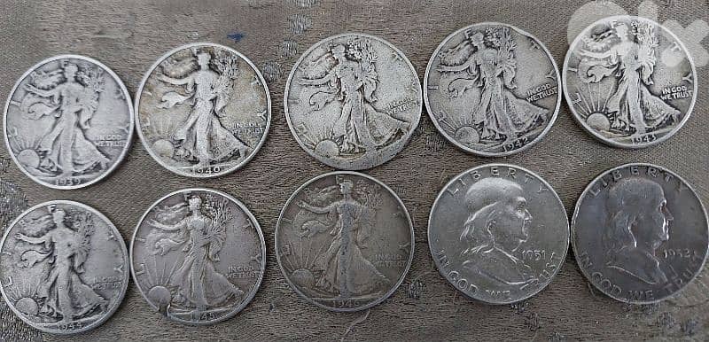 set of ten Silver USA Half Dollars walking Liberty& Franklin 0