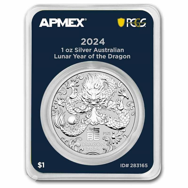 2024 AUS 1 oz Silver Coin - Lunar Dragon BU SIII (PCGS First Strike) 2
