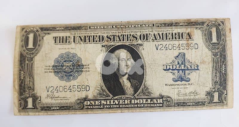 USA Large Silver One USD Banknote 1923. Fine Status 0