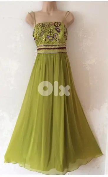 Monsoon lime green silk maxi evening dress size 42 (40) فستان سهرة