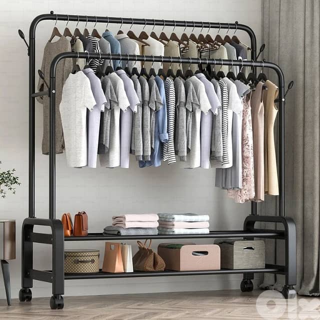 Double Pole Clothes Stand, Garment Rack with Coat Hangers, Shoe Shelf 0