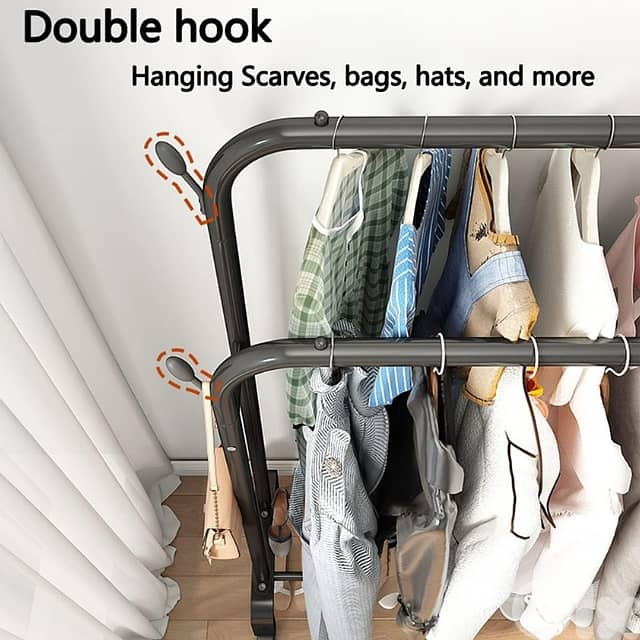 Double Pole Clothes Stand, Garment Rack with Coat Hangers, Shoe Shelf 4