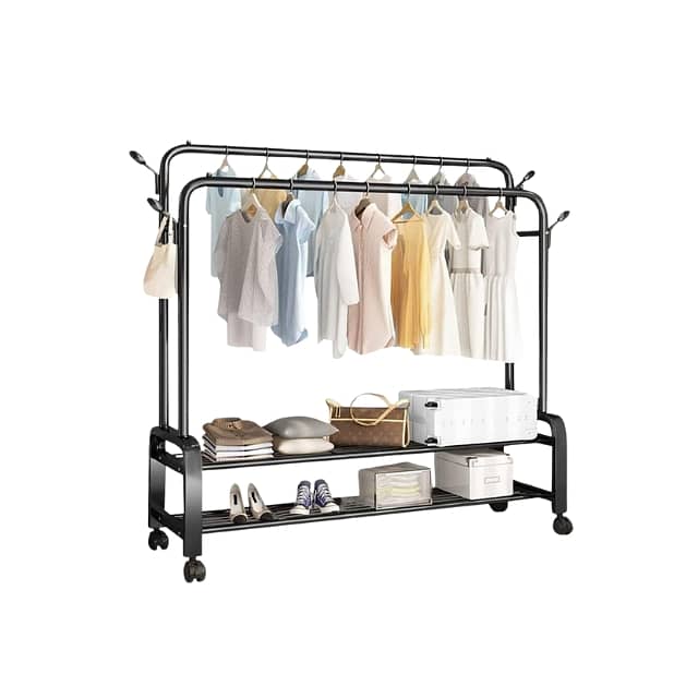 Double Pole Clothes Stand, Garment Rack with Coat Hangers, Shoe Shelf 8