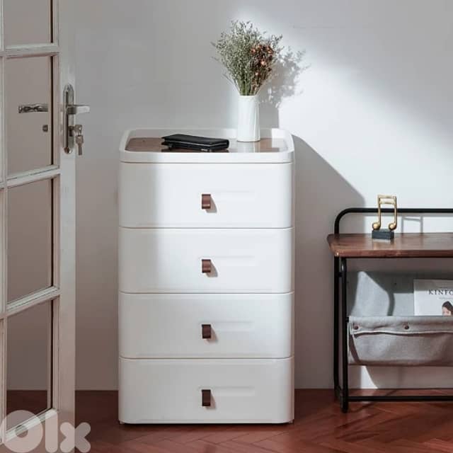 Japanese Bedside Table – White Nightstand, 4 Stackable Drawers 2