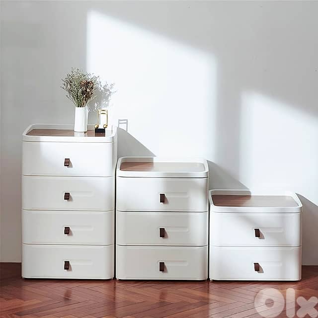 Japanese Bedside Table – White Nightstand, 4 Stackable Drawers 0
