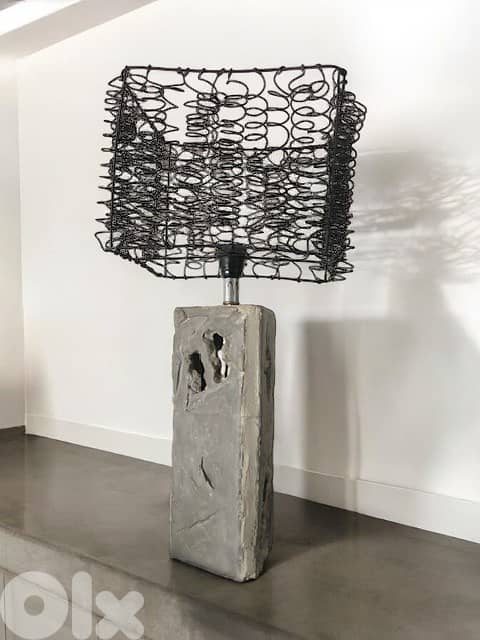 Concrete lamp base with steel wire shade 1
