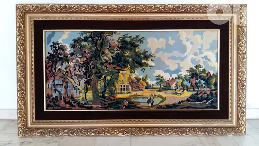 VINTAGE NEEDLEPOINT TAPESTRY LANDSCAPE - CANEVA