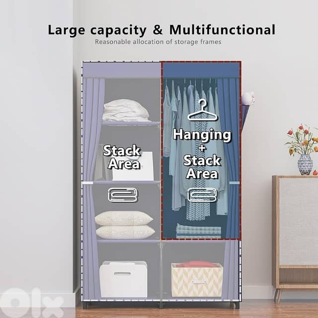 Double Clothes Wardrobe, 2-Section Closet with 4 Shelves 3