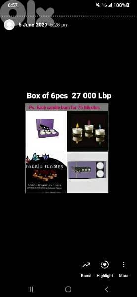 box of 6 coloured candles 75minutes each. 7