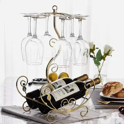 Golden Vine Wine Rack, 2 Bottles & 6 Glasses Display Holder