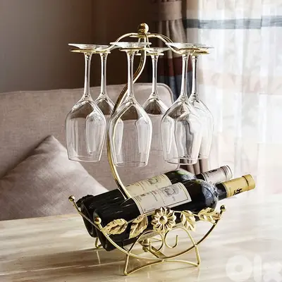 Olive Wine Rack – Gold Wine Storage for 2 Bottles, 6 Glasses