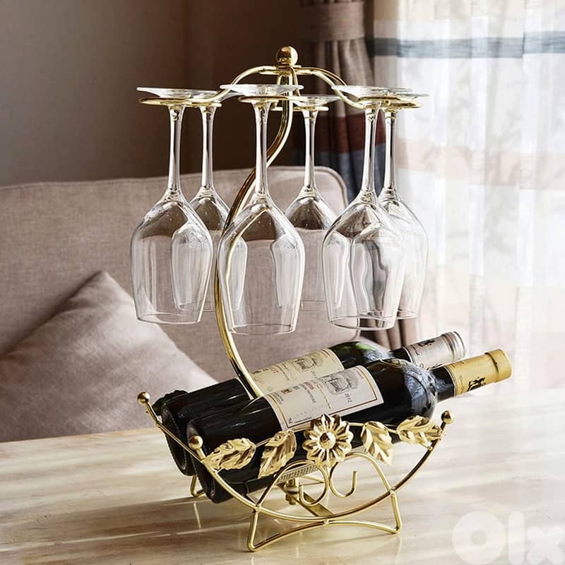 Olive Wine Rack – Gold Wine Storage for 2 Bottles, 6 Glasses 0