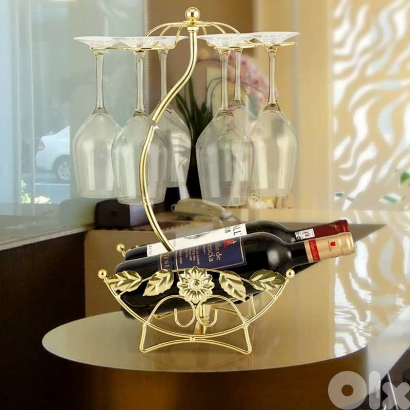 Olive Wine Rack – Gold Wine Storage for 2 Bottles, 6 Glasses 1