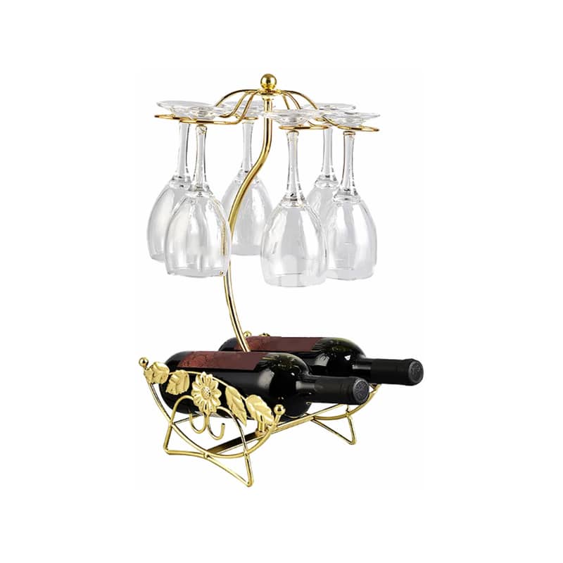 Olive Wine Rack – Gold Wine Storage for 2 Bottles, 6 Glasses 4