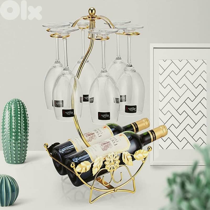 Olive Wine Rack – Gold Wine Storage for 2 Bottles, 6 Glasses 5