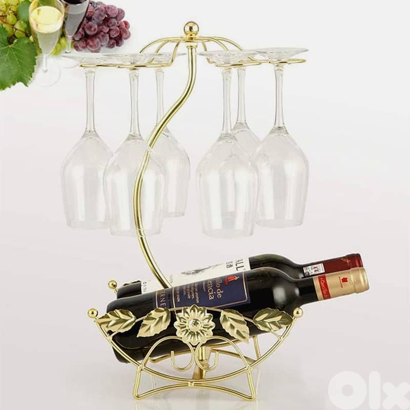 Olive Wine Rack – Gold Wine Storage for 2 Bottles, 6 Glasses 6