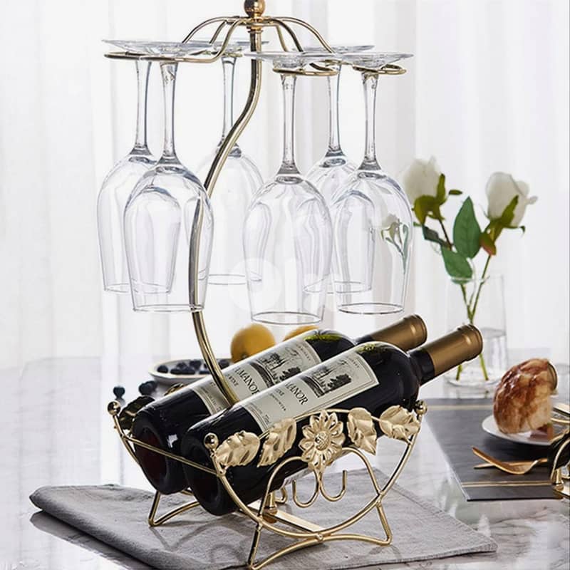 Olive Wine Rack – Gold Wine Storage for 2 Bottles, 6 Glasses 2