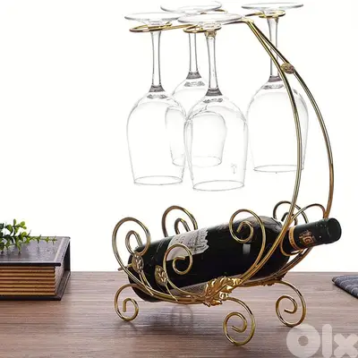 Vintage Wine Rack in Gold for 1 Bottle and 4 Glasses