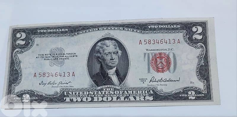 Two USA Dollars Red Seal Banknote  Jefferson Memorial year 1953 0