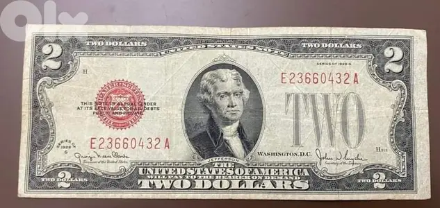 Two USA Dollar Banknote Red Seal Memorial President Jefersson year1928