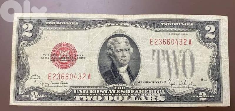 Two USA Dollar Banknote Red Seal Memorial President Jefersson year1928 0