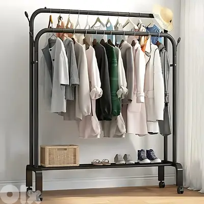 Double Pole Coat Rack – Wheels, 2 Shelves & Heavy-Duty Steel Frame