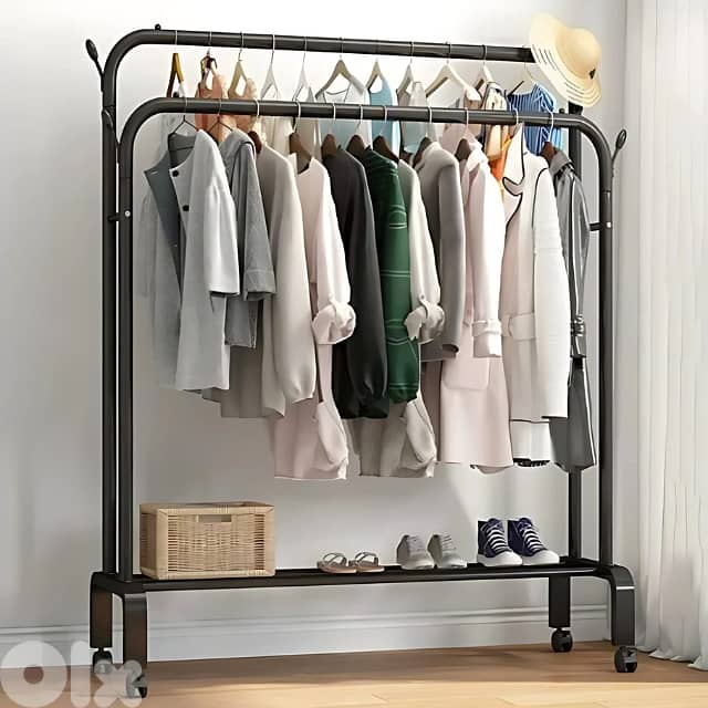 Double Pole Coat Rack – Wheels, 2 Shelves & Heavy-Duty Steel Frame 0