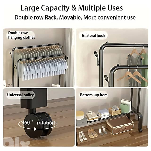 Double Pole Coat Rack – Wheels, 2 Shelves & Heavy-Duty Steel Frame 4
