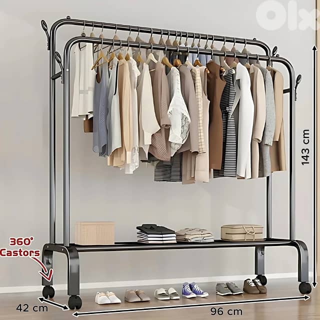 Double Pole Coat Rack – Wheels, 2 Shelves & Heavy-Duty Steel Frame 3