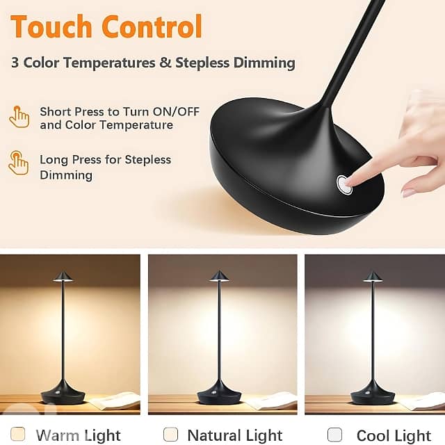 Cordless Table Lamp with Modern Metal Finish, Touch Dimmer 4