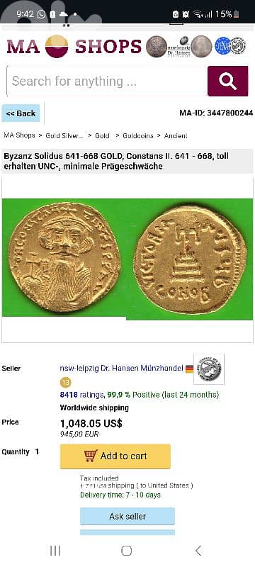 Ancient Gold Byzantine Solidus Coin Emperor Contans II year 641 AD. 2