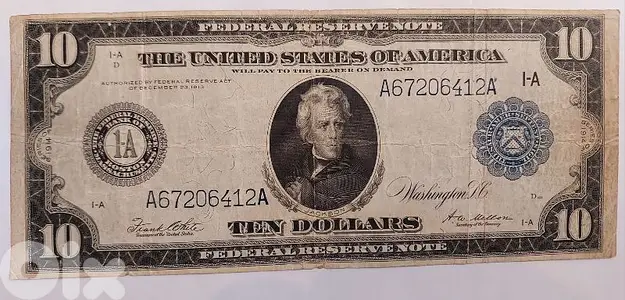 USA Large Ten Dollars Banknote 1st mint"president Jackson" 1914