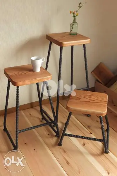 Metal and wood stools tables طاولة وكرسي حديد وخشب