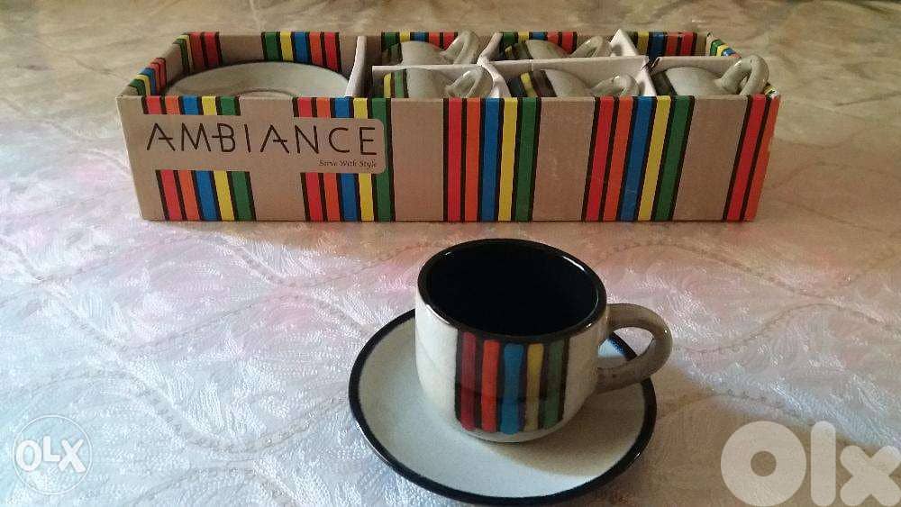 AMBIANCE 5 Colors Striped Print Porcelain Coffee Cup with Saucer 0