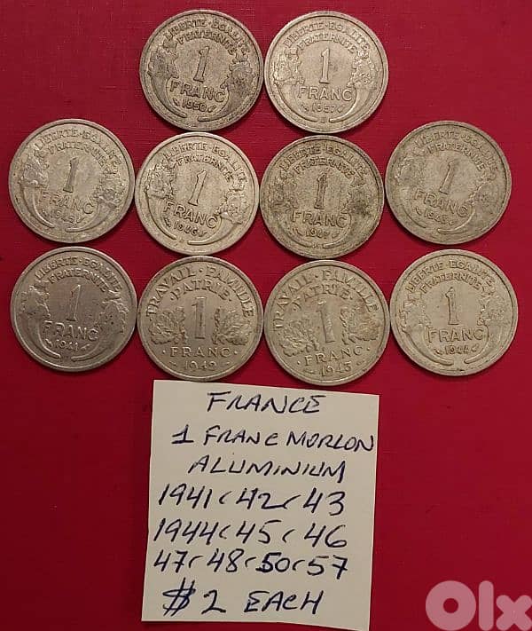 France 1 Franc x 10 coins x $2 each Morlon various dates 0