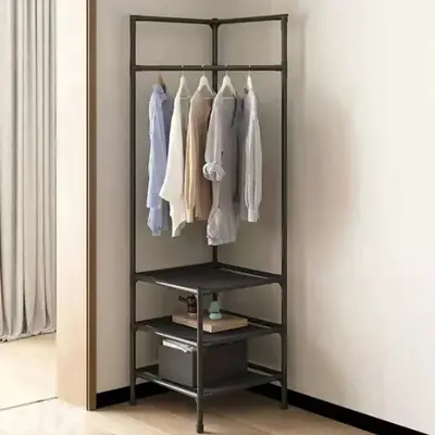 Corner Clothes Rack, Metal Hanger with 3 Shoe Storage Shelves